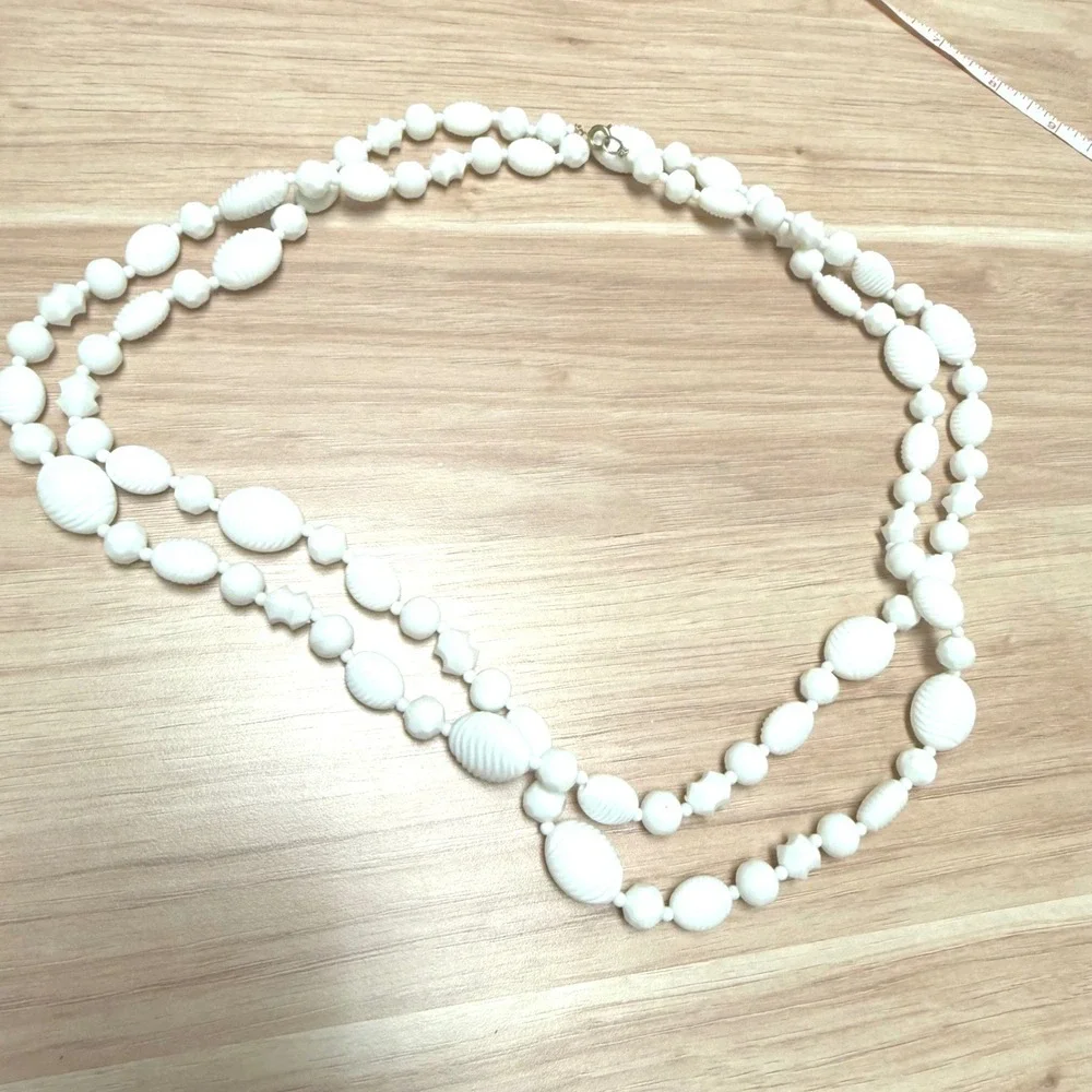 Vintage Milk Glass Bead Necklace White Ribbed Faceted Long Strand 52 Inch
